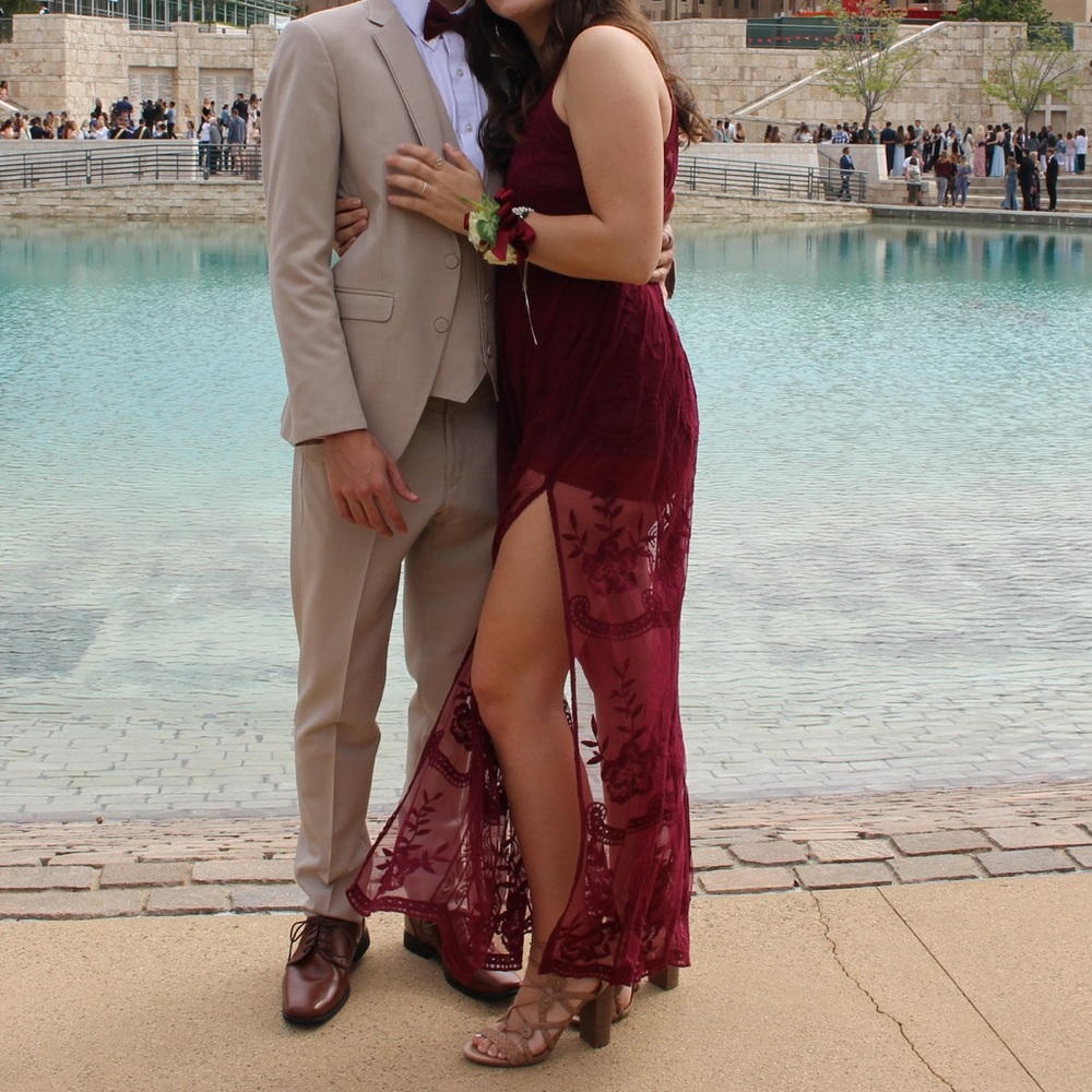 Burgundy Lace Maxi Prom Dress
